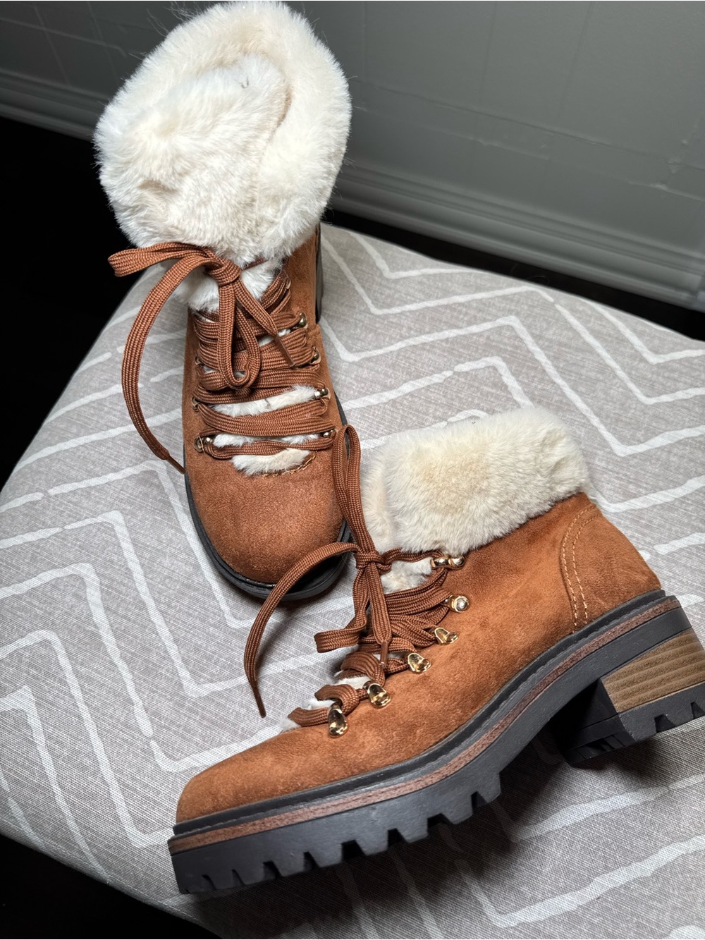 BAMBOO Tan Suede Faux-Fur Collar Lace-Up Winter Boots
